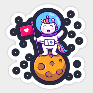 Cute Unicorn Astronaut Holding Flag On Planet Sticker